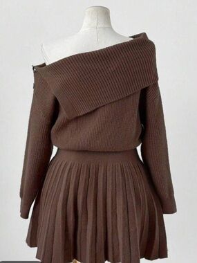 Brown Off-Shoulder Knit Sweater Dress